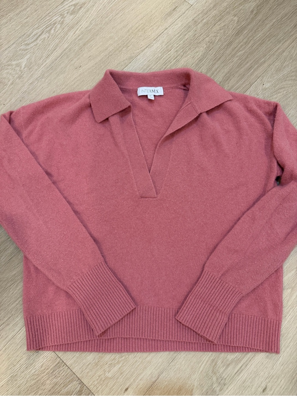 INTERMIX 100% Cashmere Collared Polo Sweater Dusty Rose Pink Size Petite